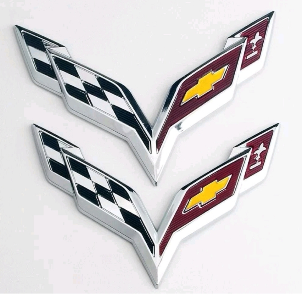 2 Corvette Front Rear Emblem Badges Cross Flag Logo